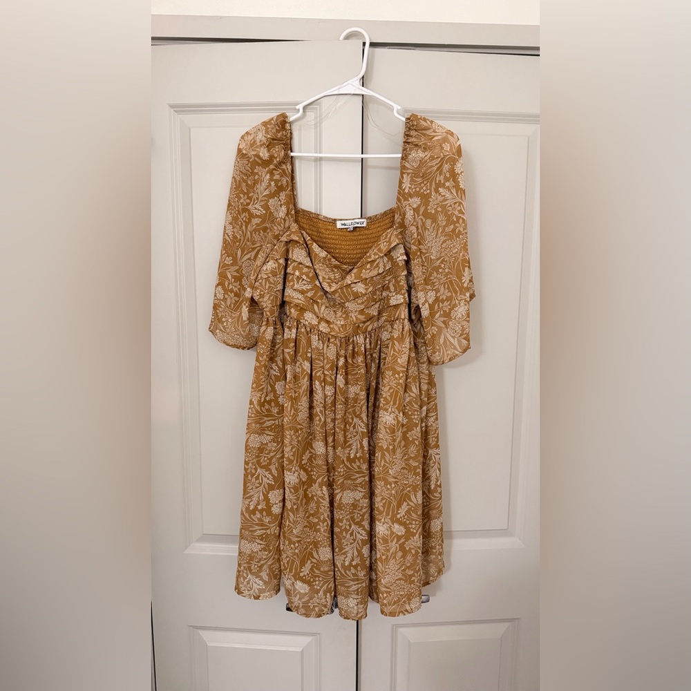 Wildflowers Mustard Floral Midi Dress with Cream Botanical Print